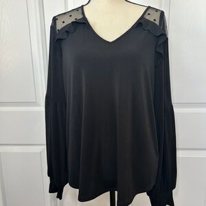 Adrianna Papell Black Ruffle Detail‎ Top XL Heart Mesh Yoke Top Blouse